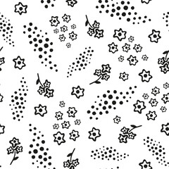 Vector seamless pattern with black flowers and dots on white. Perfect for card, fabric, tags, invitation, printing, wrapping.