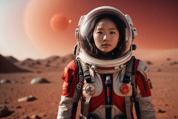 A woman in a space suit, standing on a red colored planet