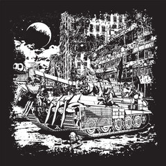 Post-apocalyptic tank with stalkers rides through the ruins of the city killing zombies