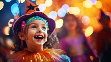Foto auf Glas Banner with happy smiling kid in halloween carnival costume. Shiny colored lights. Bokeh. Copy space. Generative AI © Катерина Нагірна