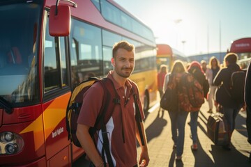 A group of young people boarding the bus have fun with travelers queuing up with suitcases. wait until boarding the bus