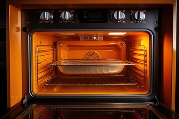 Opened built-in oven with light in the orange kitchen