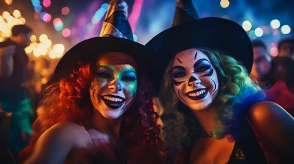 Gordijnen Halloween party in night club. Smiling happy people dancing in carnival costume and with  festive makeup with skull. Shiny colored lights. Generative AI © Катерина Нагірна
