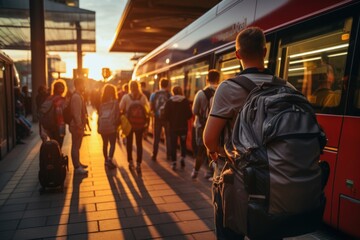 A group of young people boarding the bus have fun with travelers queuing up with suitcases. wait until boarding the bus