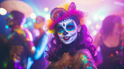 Fototapeta na wymiar Halloween party in night club. Smiling woman in carnival costume and with mexican makeup, flowers and skull. Shiny colored lights. Day of the dead. Generative AI
