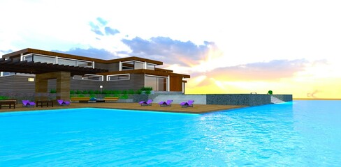 Distant sun behind the clouds visible from the pool surface near the house with wooden facade. 3d rendering.