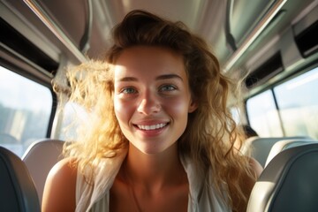 Smiling woman standing between passenger seats of tourist bus travel tourism