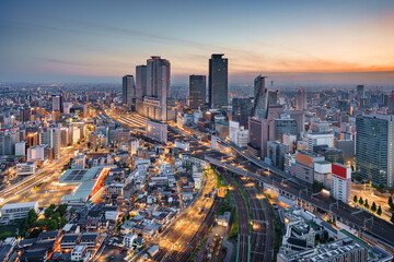 Nagoya, Japan cityscape from above at dusk.