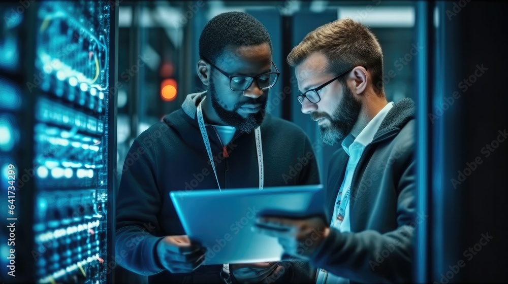 Aufkleber it technician works on laptop computer and black male engineer colleague in data center while workin