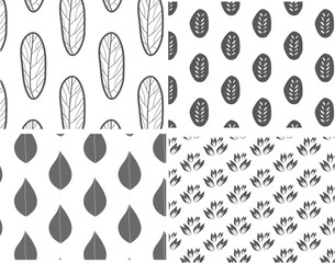 Vector seamless pattern with hand drawn leaves. Transparent background. Four separate patterns. Trendy Scandinavian design concept for fashionable textile print.