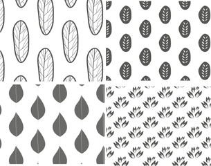 Vector seamless pattern with hand drawn leaves. Transparent background. Four separate patterns. Trendy Scandinavian design concept for fashionable textile print.