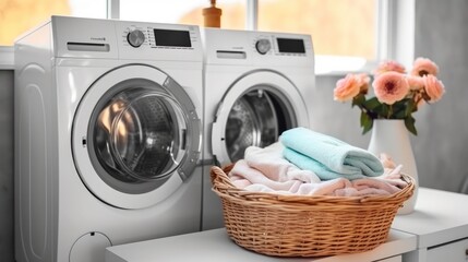 Fototapeta na wymiar Laundry room with washing machine and laundry basket.