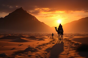 Fototapeta na wymiar Desert camel trek with a sunset and a berber