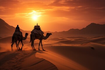 Desert camel trek with a sunset and a berber