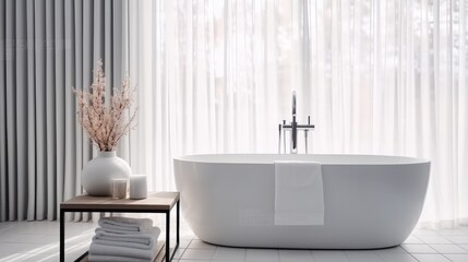 Modern of bathroom with white sink, Bathtub and shelving units.
