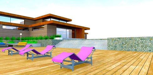 Three purple sun loungers in a row on the decked relax area in the yard of the modern mansion with wooden finishing. 3d rendering.