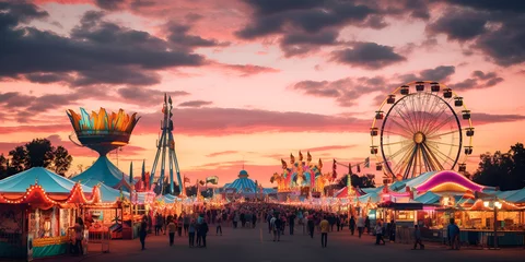 Deurstickers Colorful Carnival Fun - Bright Rides and Games, An Amusement Park At A County Fair At Sunset Background, Look up to see the music, generative AI  © Chanda