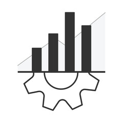 Bar chart with gear icon below horizontal axis on growth progress line background. Business graph progress icon. Vector illustration outline flat design style.