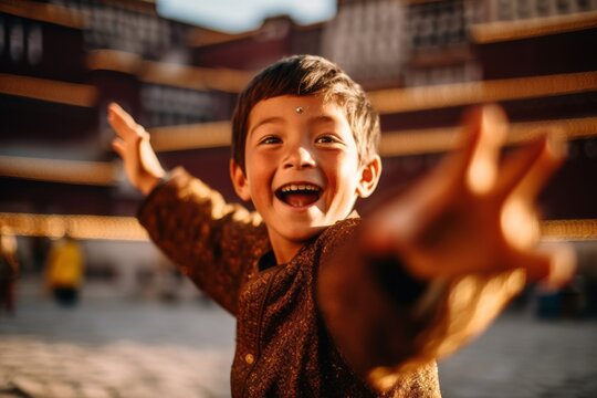 Medium shot portrait photography of a joyful boy in his 30s waving hello showing off a glamorous sequin top at the potala palace in lhasa tibet. With generative AI technology