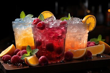 Cocktails in glasses with ice and berries on a black background. 