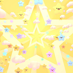 3d rendered kawaii stars and clouds on yellow starburst pattern background.