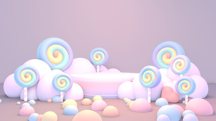 3d rendered soft pastel podium with lollipops and clouds.