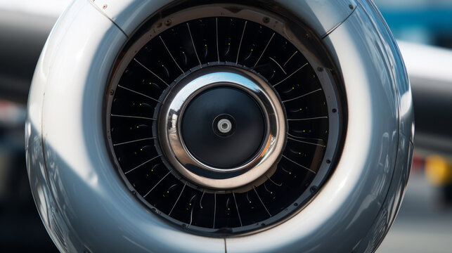 Closeup of airplane jet engine. Rotating blades part of airplane travel concept