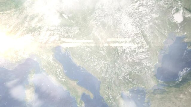 Zoom in from space and focus on Brcko, Bosnia and Herzegovina. 3D Animation. Background for travel intro. Elements of this image furnished by NASA