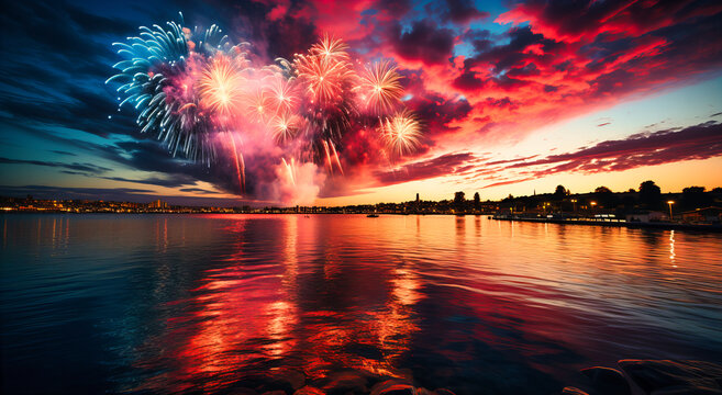 a red, white and blue firework over the sea