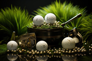Stack of golf balls and golf equipment on green grass on golf course.