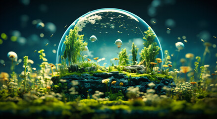 a planet with earth surrounded by grass, flowers and leaves - obrazy, fototapety, plakaty