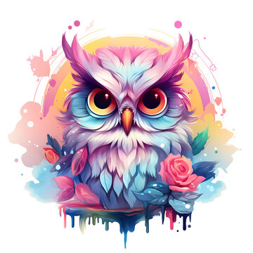 Design illustration of an owl. Pastel colors and surreal aesthetic. White background.