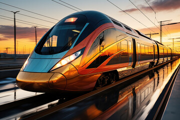 Fototapeta premium High speed train in motion on the railway station at sunset. Fast moving modern passenger train on railway platform. Railroad with motion blur effect. Commercial transportation.