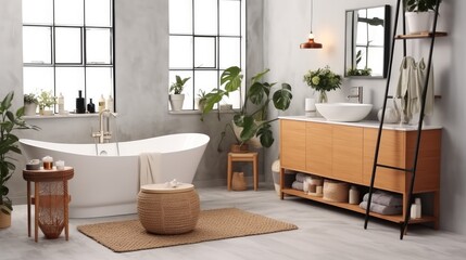 Modern Bathroom with White Bathtub and Sink.