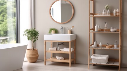 Fototapeta na wymiar Comfortable and tidy toilet toiletries, sink, mirror and table, Interior of bathroom in modern house.