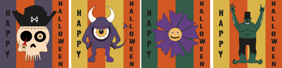 Big Set with modern Creepy Halloween avant-garde banner with cartoon monster, skull, zombie, . Collage of Design of Halloween poster, banner, card cover. Vector illustration. Helloween collection.