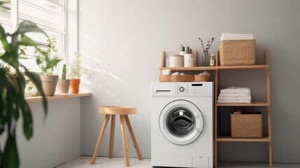 Washing machine and laundry basket in laundry room at home. - obrazy, fototapety, plakaty