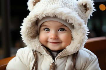 close up portrait of lovely warm dressed baby
