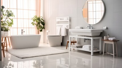 Fototapeta na wymiar Modern Bathroom with White Bathtub and Sink.