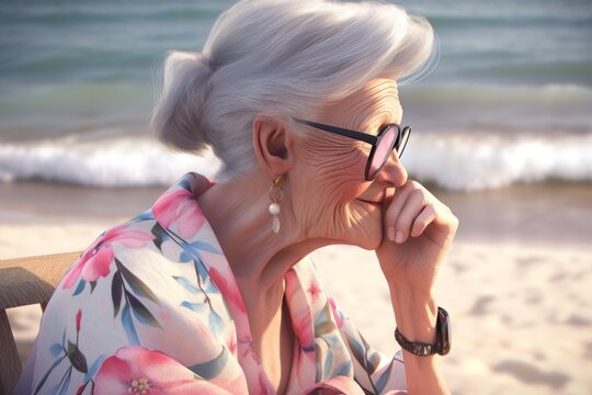 3D Older woman enjoying her time at the beach generative ai