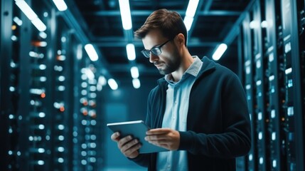 Administrator Working With Data Protection Engineering Network for Cyber Security in data center.