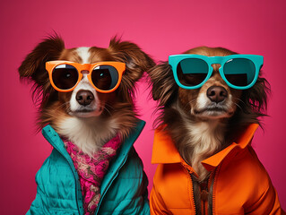Stylish dogs in bright sunglasses and playful collars, wearing stylish clothes