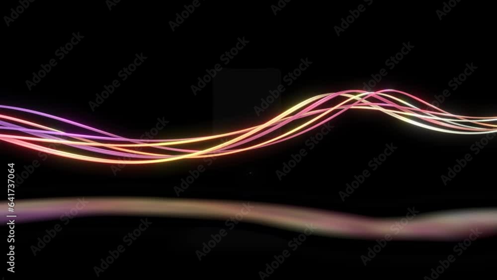 Poster glowing colorful 3d neon line with reflection effects animation on black background, modern neon sti