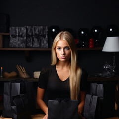 Black friday sale concept. Black paper bag on the table, woman standing behind black background, ai technology