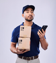 Phone, shipping box and delivery man problem, crisis and export mistake of retail sales product,...