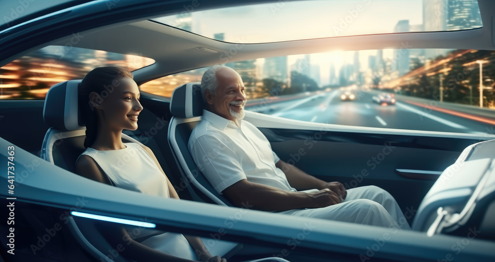 Poster people ride in a self-driving car controlled by an artificial intelligence autopilot.