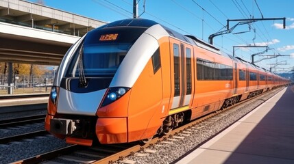Fototapeta premium Passenger trains parked at railway station.