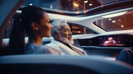 People ride in a self-driving car controlled by an artificial intelligence autopilot.