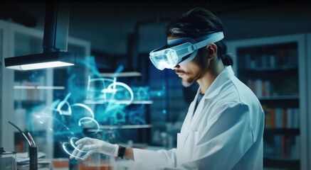 Futuristic researcher using the augmented reality VR glasses with hologram graphics for viewing results of research in laboratory, Interacting with virtual reality.