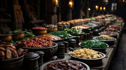 Traditional Turkish and Greek dinner appetizer table with meat and vegetables.